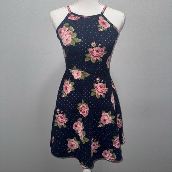*3 for $15* Junior’s S Floral Dress Blue Pink Fit & Flare Stretchy Sundress - Picture 1 of 9